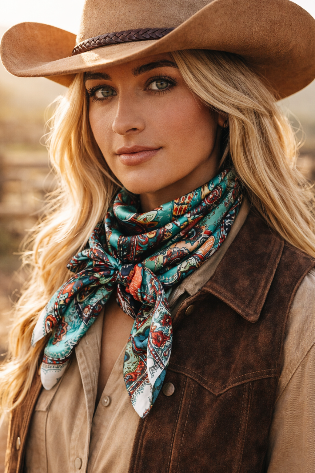 Woman wearing a cowboy hat and patterned scarf in an outdoor setting