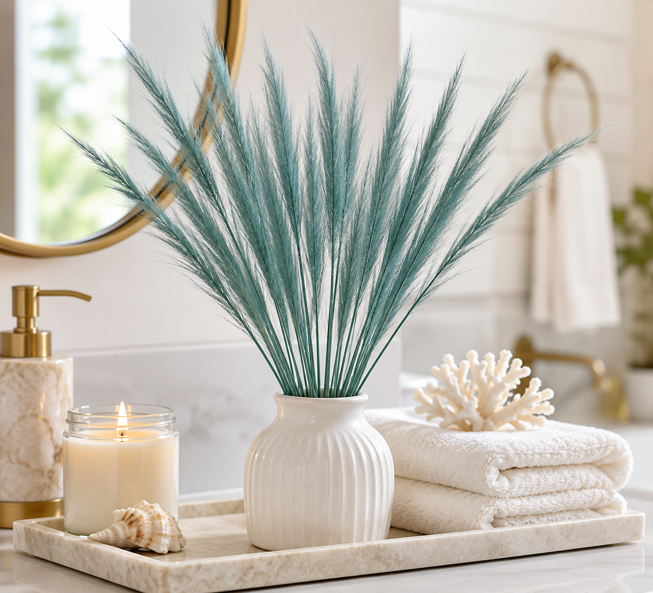 Teal Pampas Grass Stems 13 Pc Wispy Artificial Filler Grass 16 Inch Faux Floral Swag Wreath Vase Decor