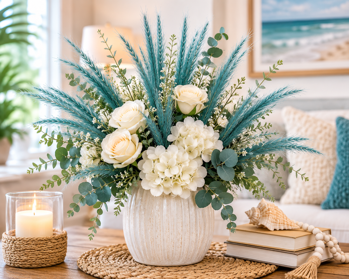 Teal Pampas Grass Stems 13 Pc Wispy Artificial Filler Grass 16 Inch Faux Floral Swag Wreath Vase Decor