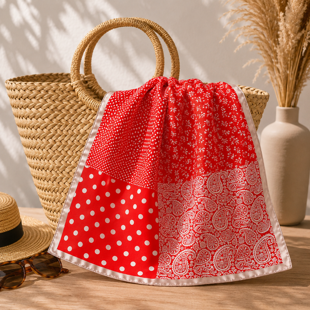 Womens Satin Bandana Wild Rag Scarf Red White Paisley Polka Dot Square Neck Hair Scarf Western Cowgirl 26x26