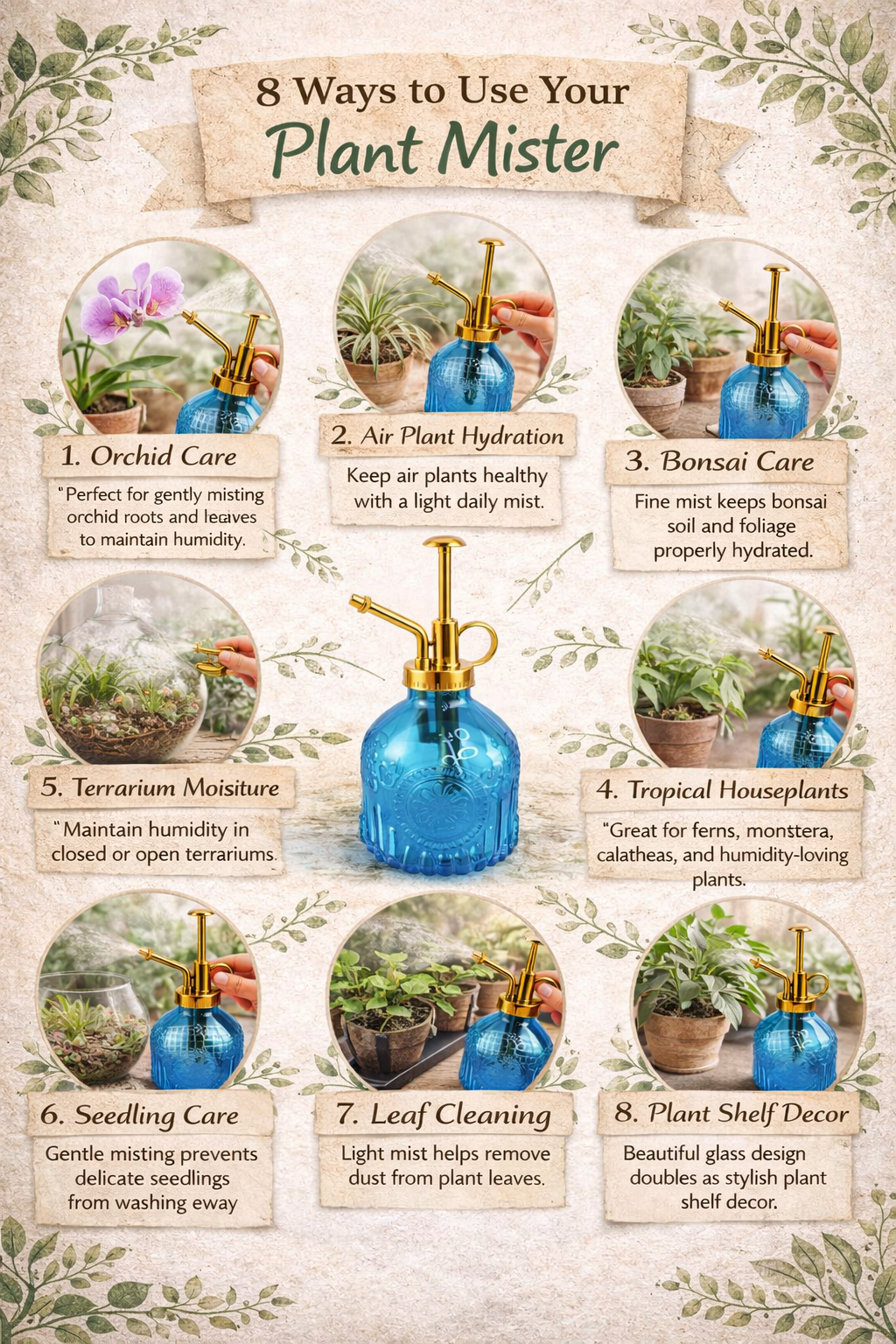 Blue Glass Plant Mister Spray Bottle Gold Pump Orchid Bonsai Air Plant