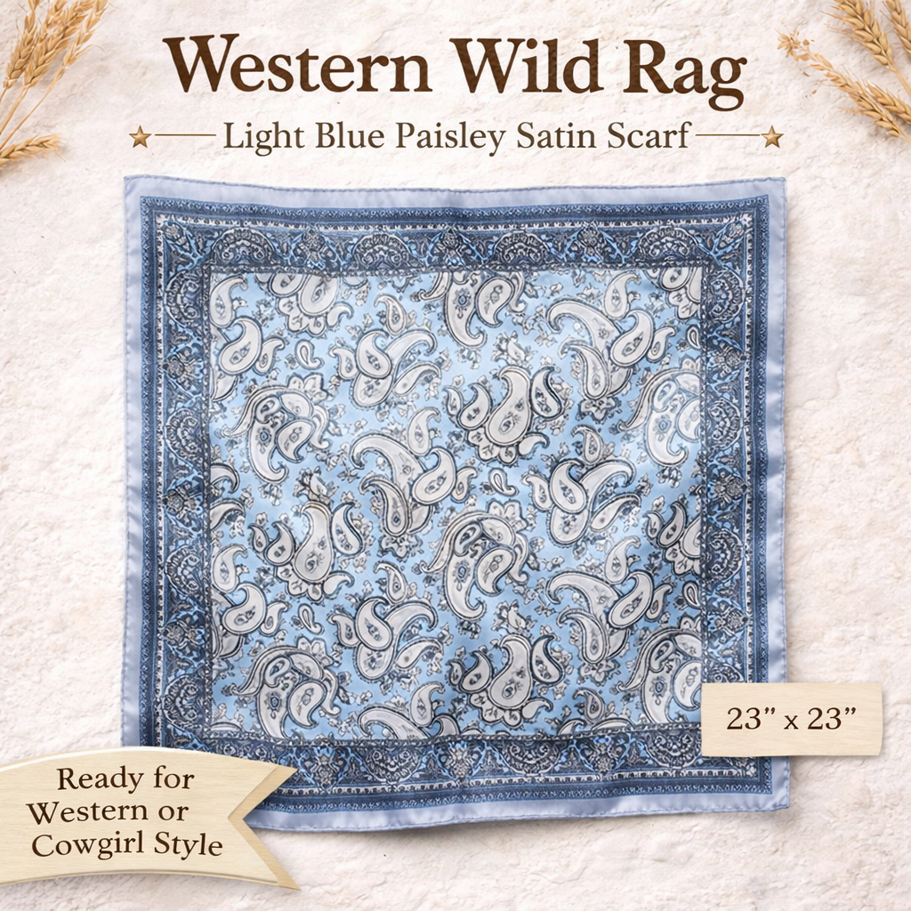 Light Blue Paisley Wild Rag Satin Scarf Western Scarf Cowgirl Neck Scarf Small Square Bandana