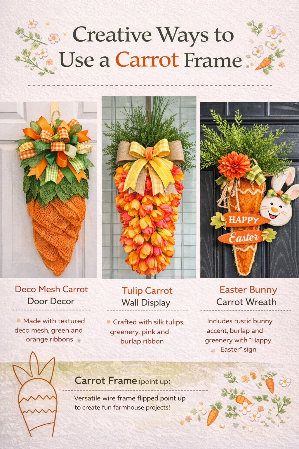 Carrot Wreath Frame Easter Form Spring Door Decor DIY Orange Metal Farmhouse Craft Base