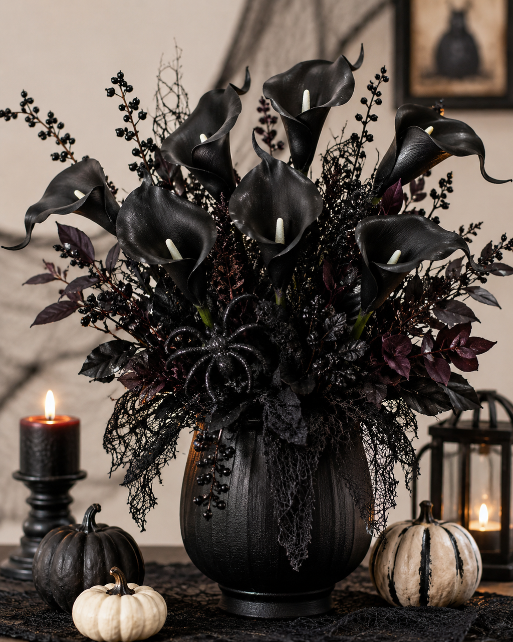 Black Calla Lily Faux Flowers Set of 5 Artificial Stems Gothic Modern Home Decor