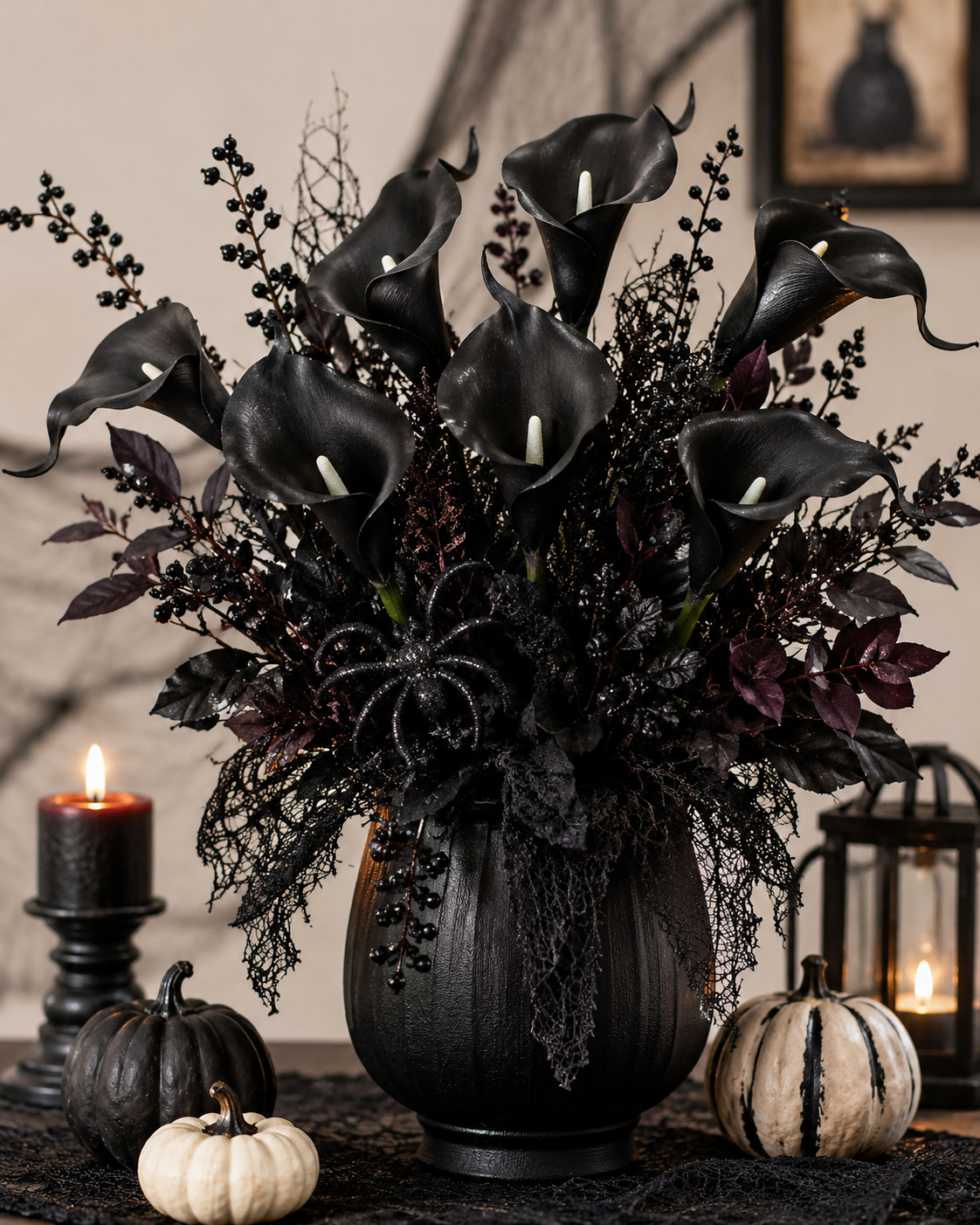 Black Calla Lily Faux Flowers Set of 5 Artificial Stems Gothic Modern Home Decor