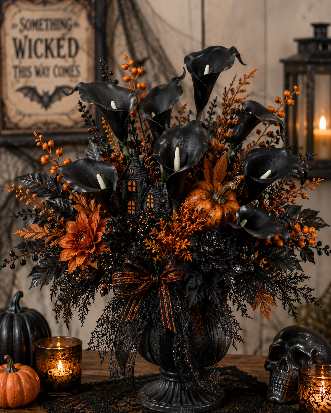 Black Calla Lily Faux Flowers Set of 5 Artificial Stems Gothic Modern Home Decor