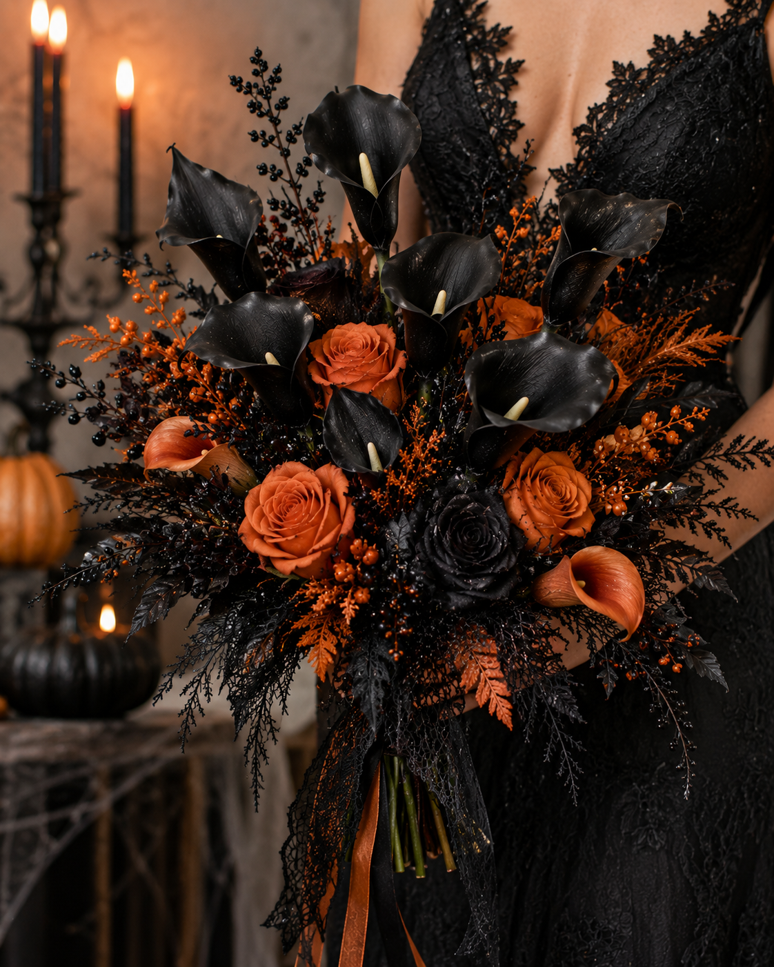 Black Calla Lily Faux Flowers Set of 5 Artificial Stems Gothic Modern Home Decor