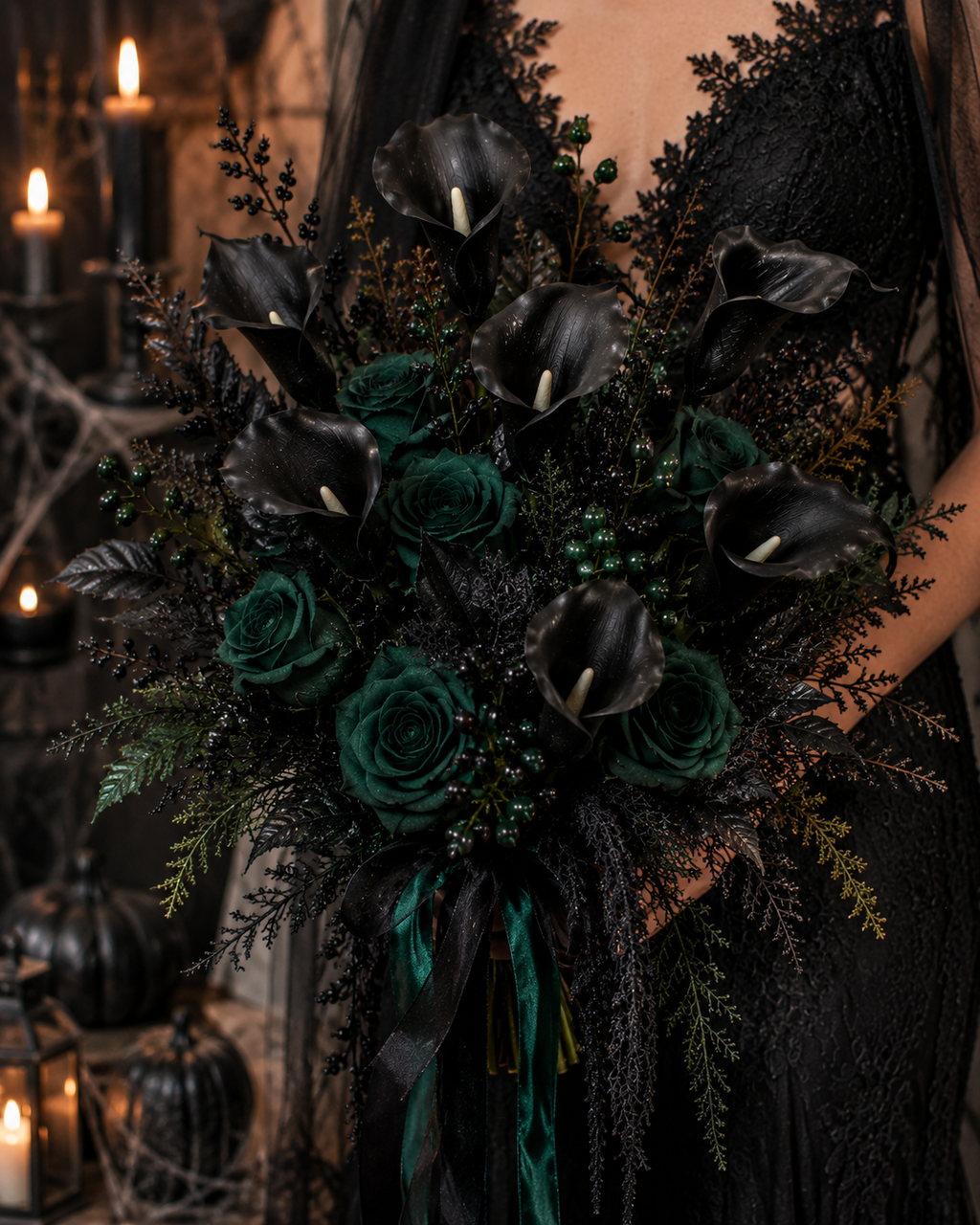 Black Calla Lily Faux Flowers Set of 5 Artificial Stems Gothic Modern Home Decor
