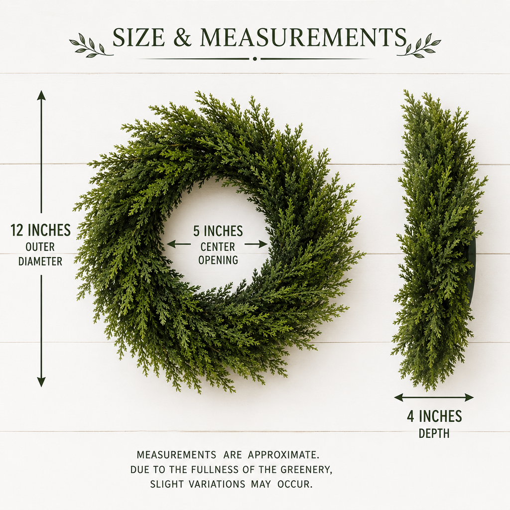 Green wreath with measurements on a white background