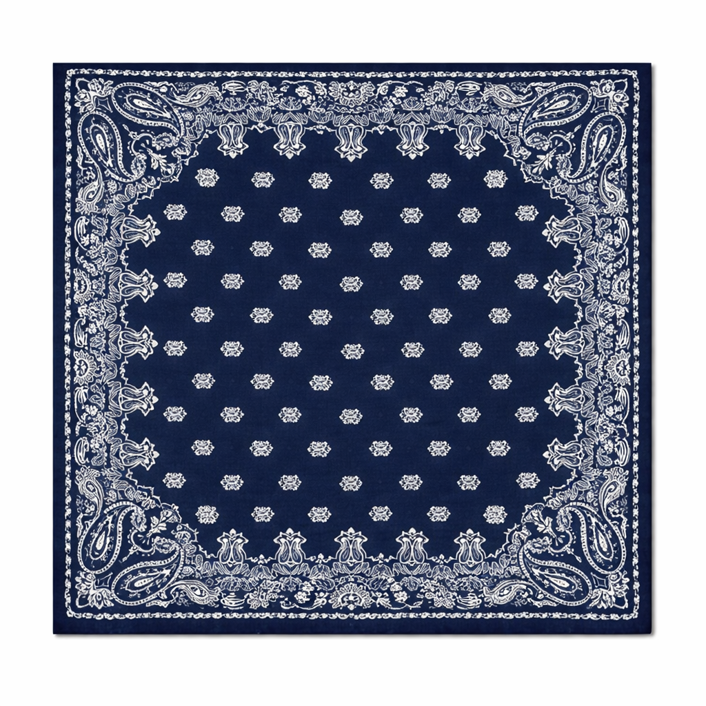 Navy blue bandana with white paisley pattern on a white background