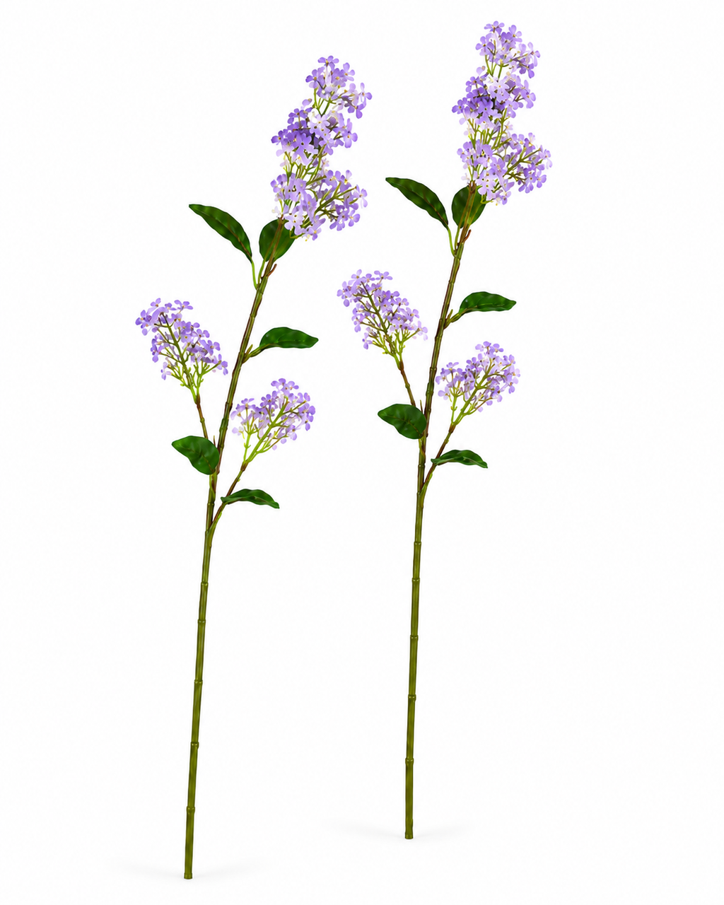 Set of 2 artificial lavender lilac stems, 30 inches tall, with soft purple floret clusters and dark green leaves on white background