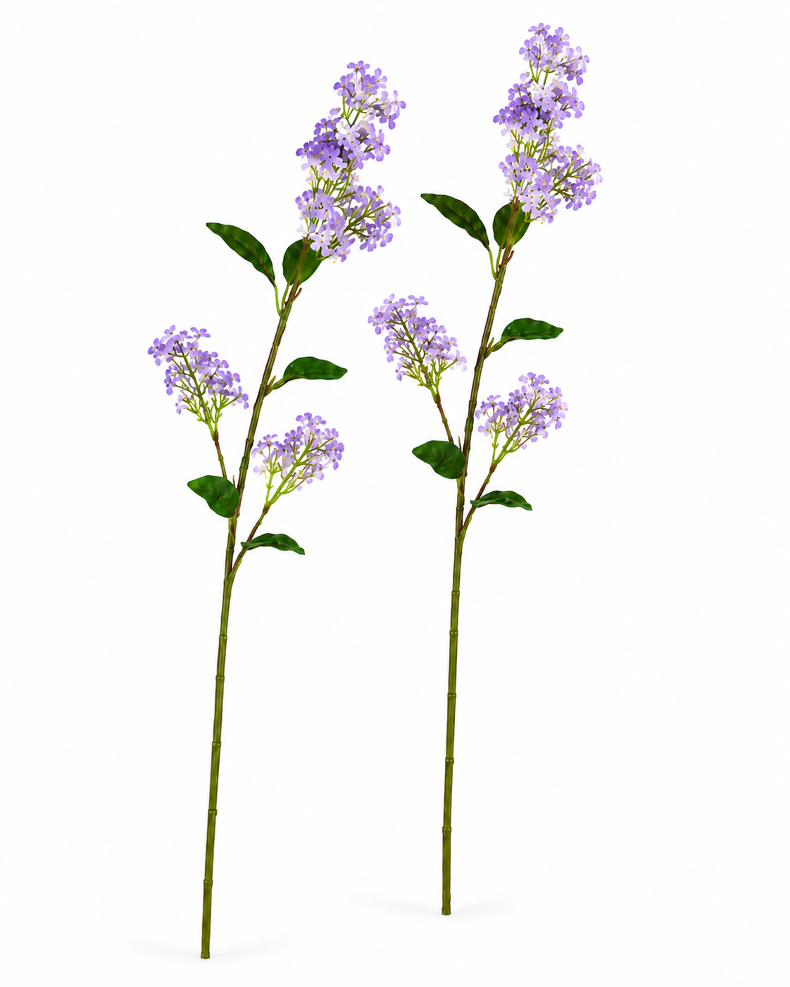 Set of 2 artificial lavender lilac stems, 30 inches tall, with soft purple floret clusters and dark green leaves on white background