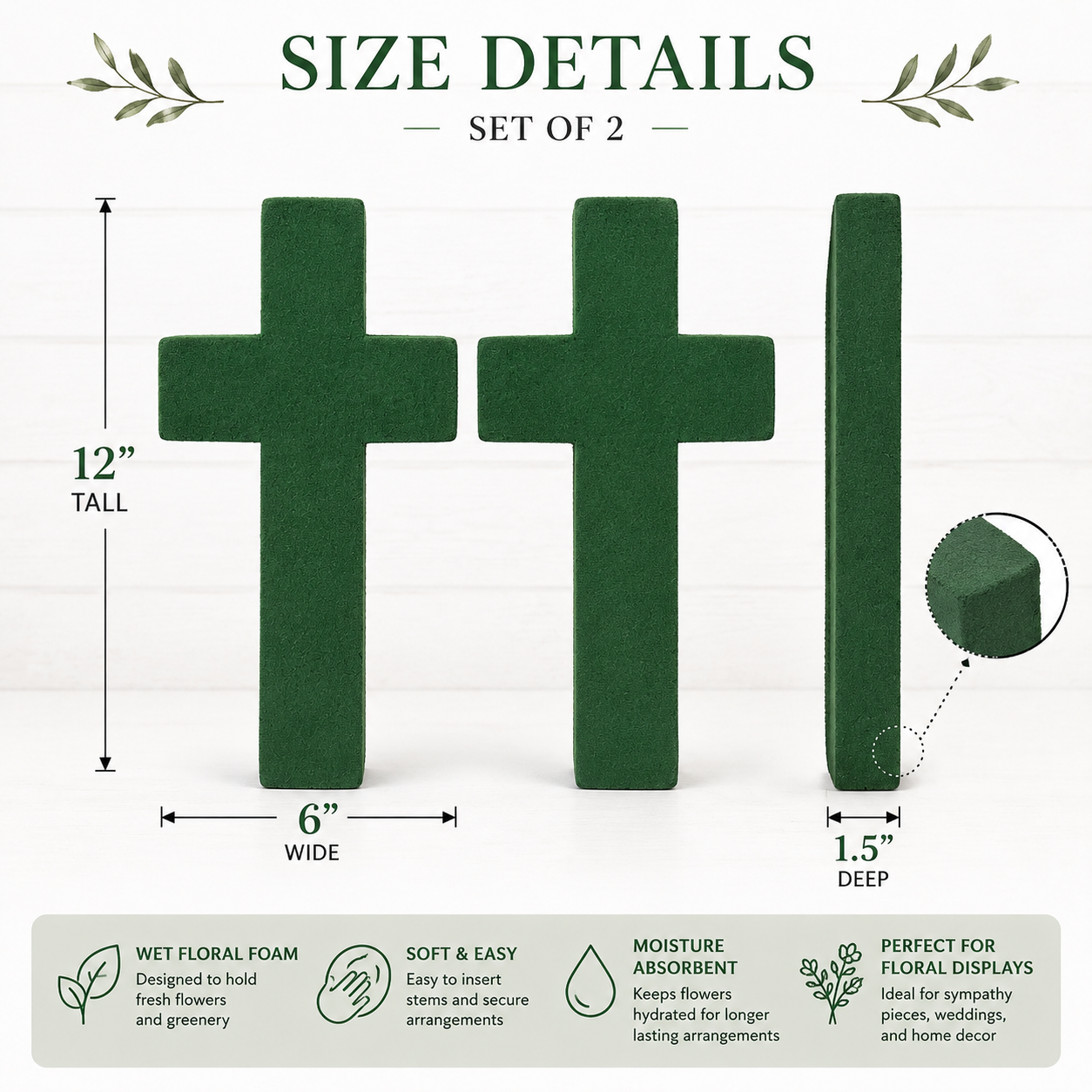Set of 2 Wet Floral Foam Crosses 12 Inch Floral Cross Base Cemetery Memorial DIY Funeral Flowers Sympathy Arrangement Supplies