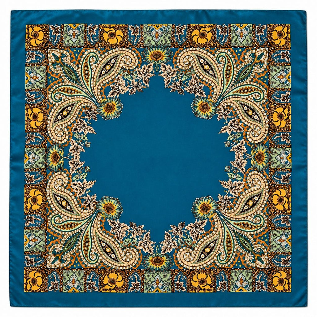 Luxury Paisley Floral Satin Scarf for Women – 35" Square Teal Blue Gold Boho Headscarf