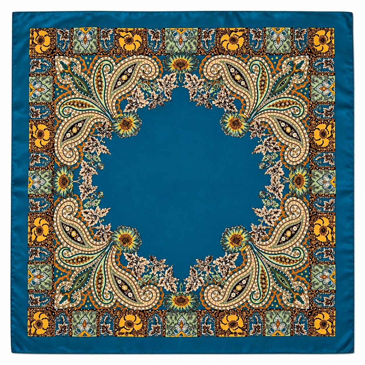 Luxury Paisley Floral Satin Scarf for Women – 35" Square Teal Blue Gold Boho Headscarf