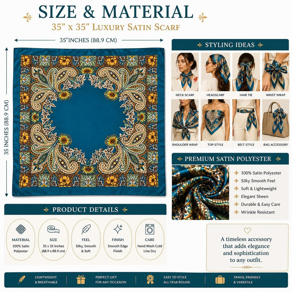 Luxury Paisley Floral Satin Scarf for Women – 35" Square Teal Blue Gold Boho Headscarf