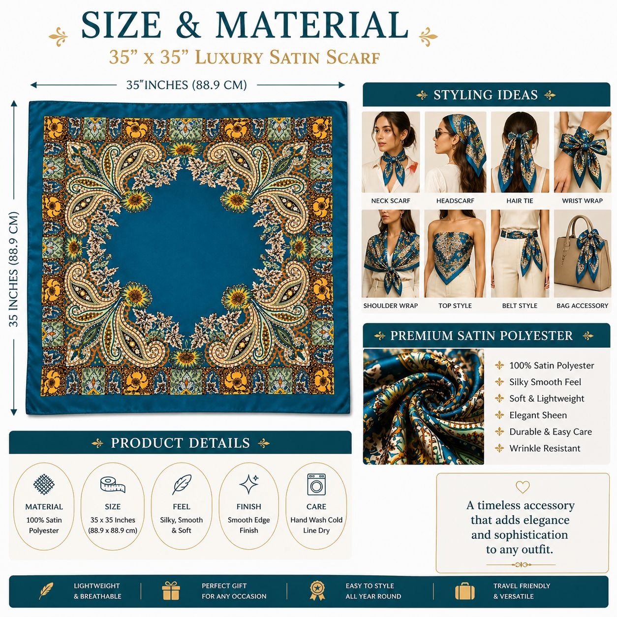 Luxury Paisley Floral Satin Scarf for Women – 35" Square Teal Blue Gold Boho Headscarf