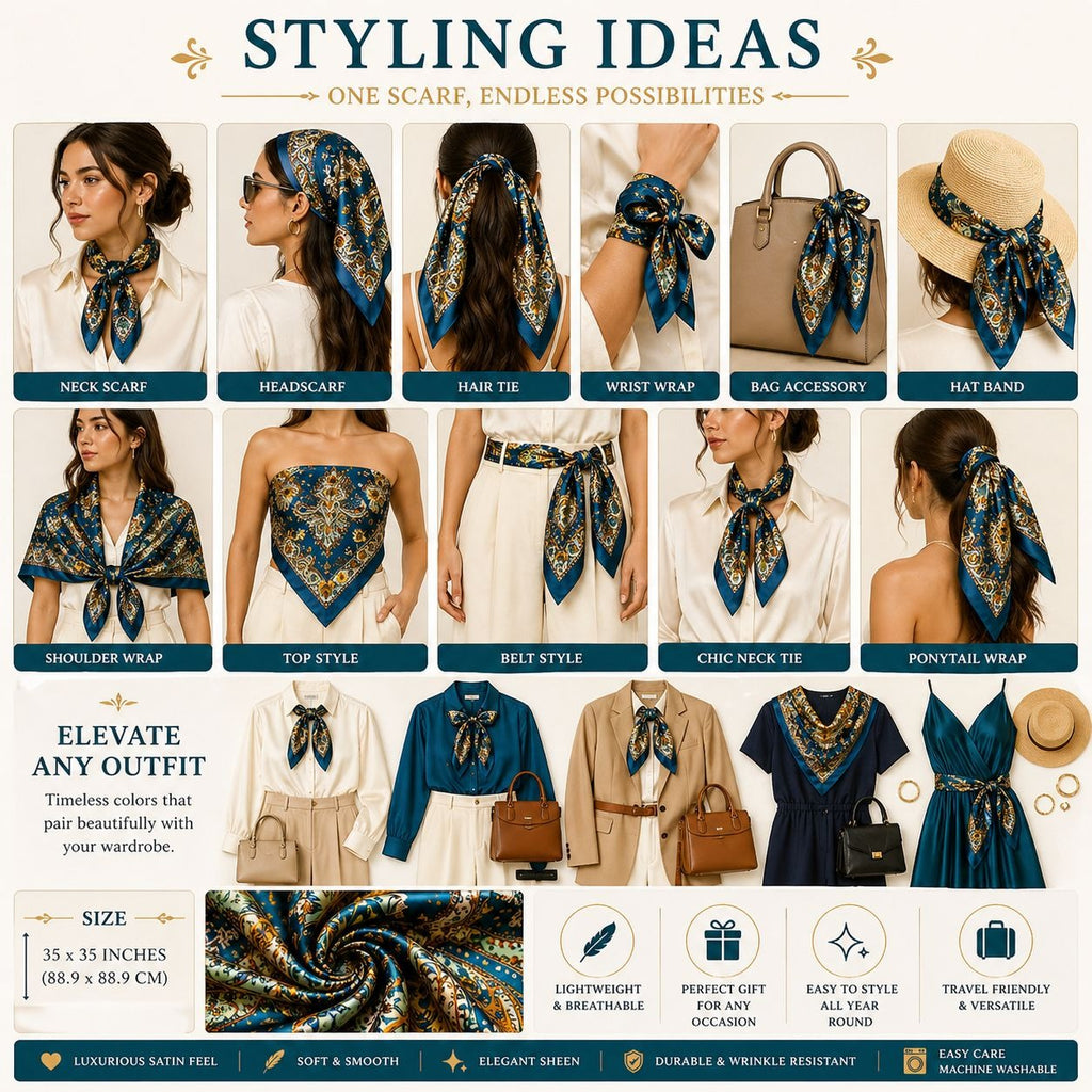 Luxury Paisley Floral Satin Scarf for Women – 35" Square Teal Blue Gold Boho Headscarf