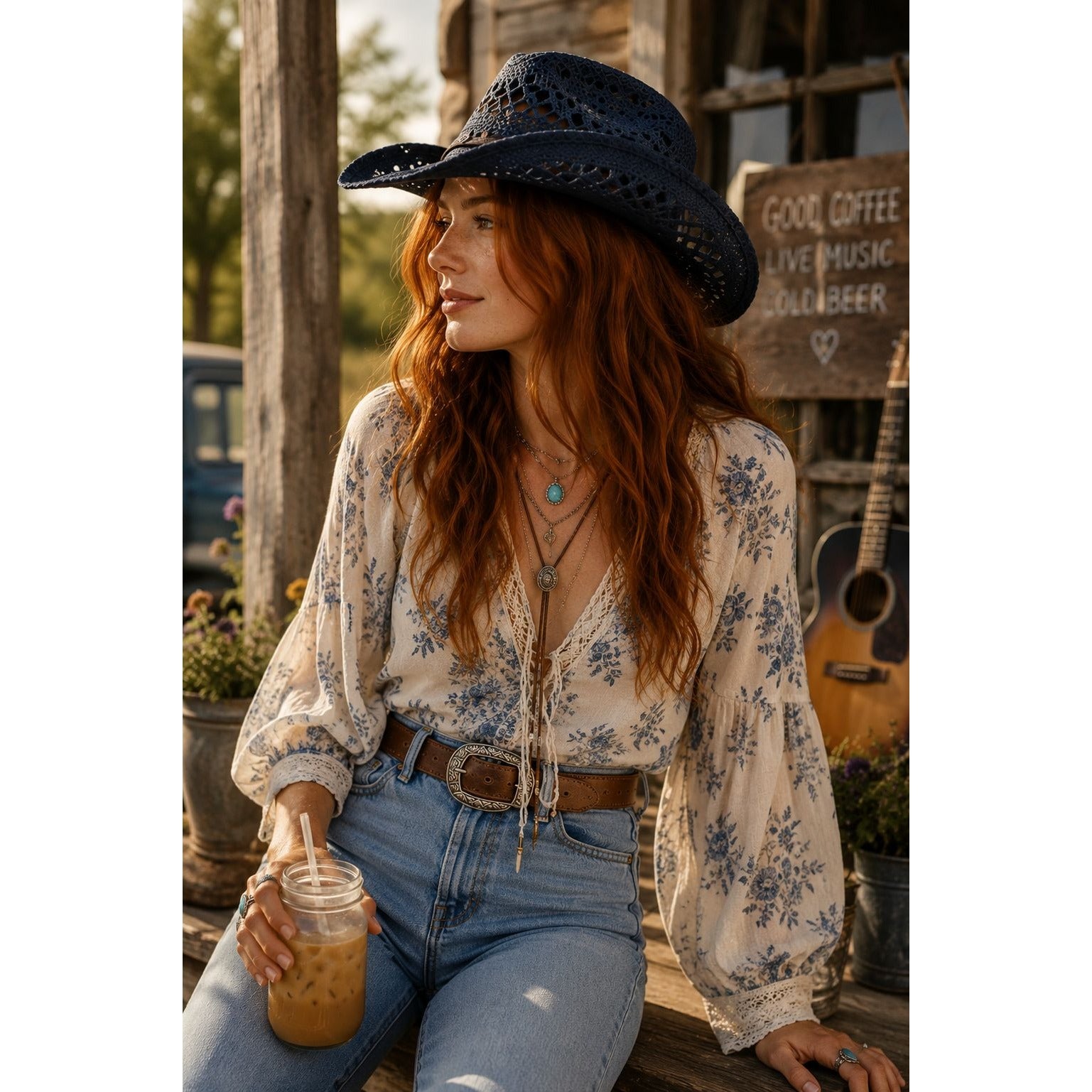Blue Straw Cowboy Hat Rolled Brim One Size Western Cowgirl Beach