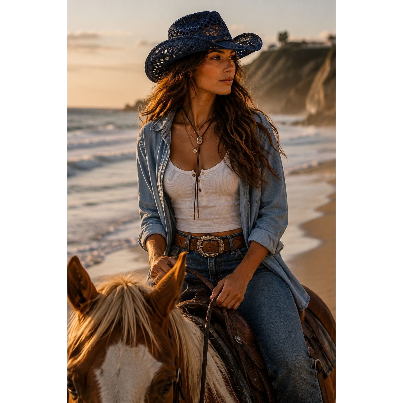 Blue Straw Cowboy Hat Rolled Brim One Size Western Cowgirl Beach