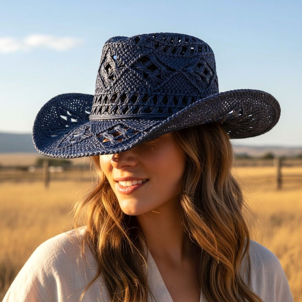 Blue Straw Cowboy Hat Rolled Brim One Size Western Cowgirl Beach