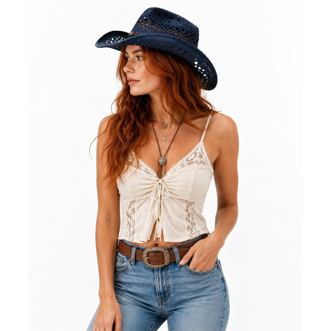 Blue Straw Cowboy Hat Rolled Brim One Size Western Cowgirl Beach