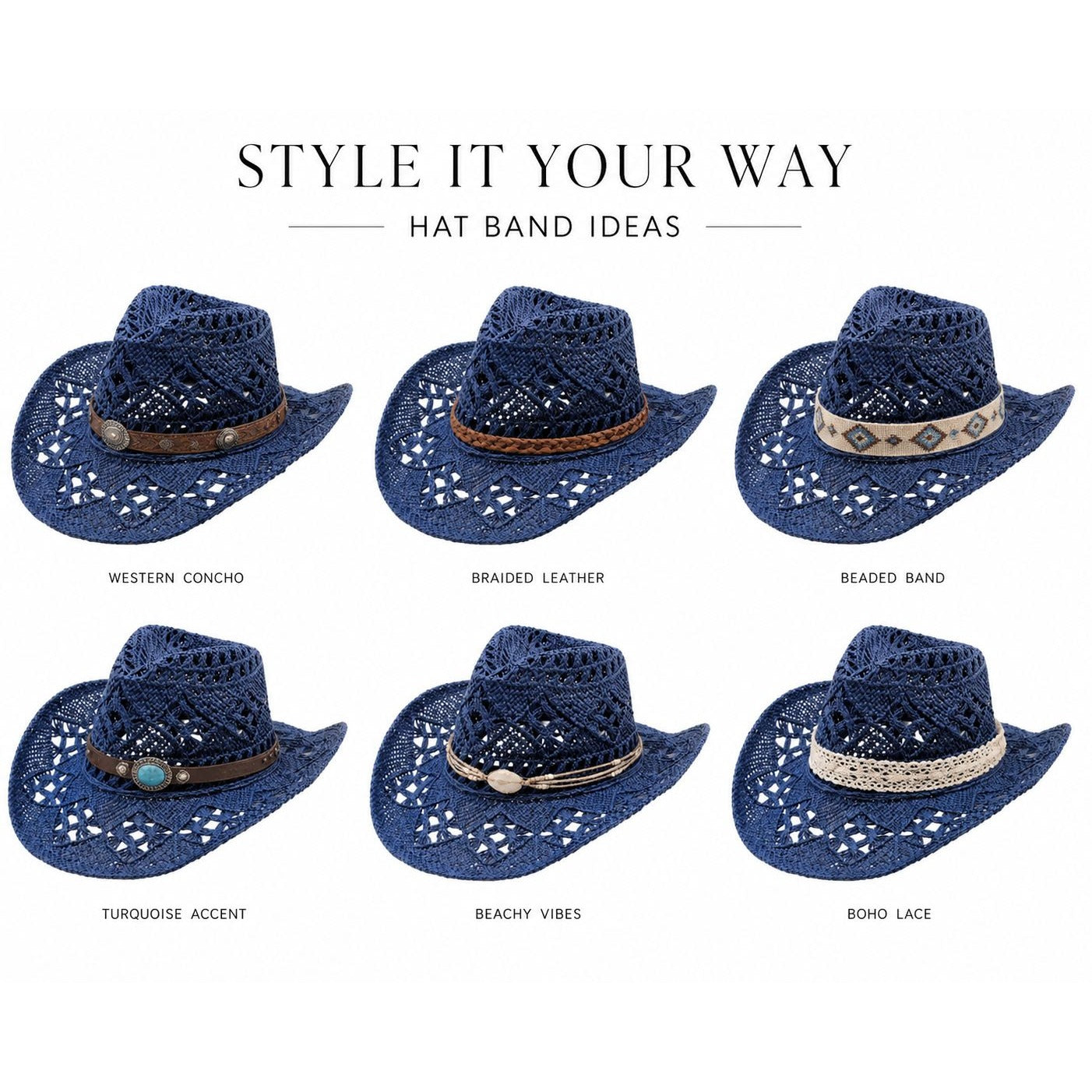 Blue Straw Cowboy Hat Rolled Brim One Size Western Cowgirl Beach
