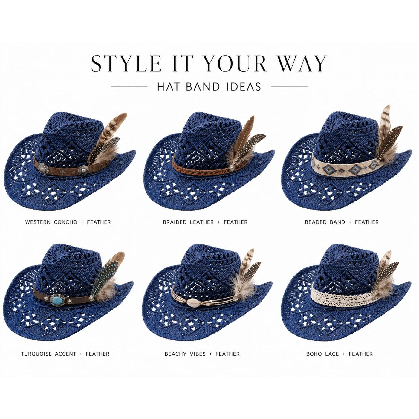 Blue Straw Cowboy Hat Rolled Brim One Size Western Cowgirl Beach