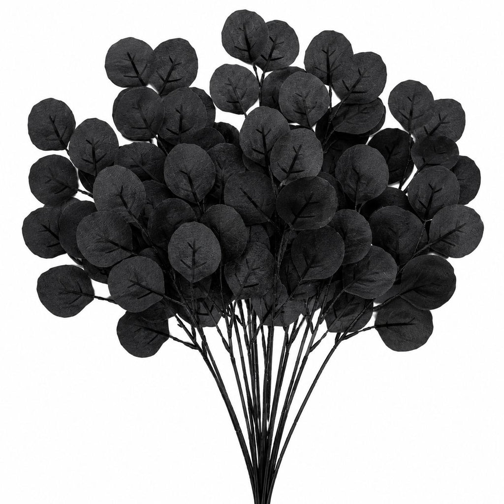 20 Black Dollar Eucalyptus Stems 12 Inch Faux Eucalyptus Picks Gothic Wedding Decor Halloween Wreath Supplies Dark Floral Greenery