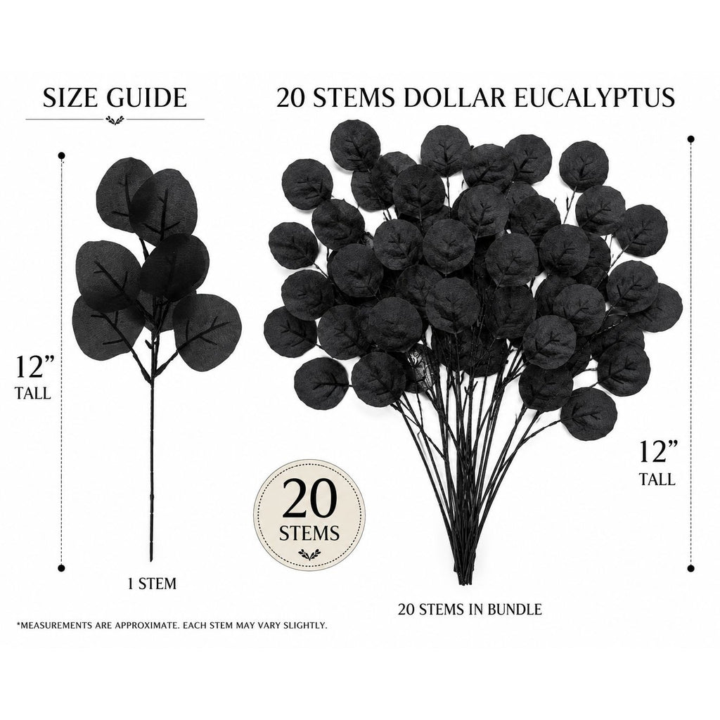 Black dollar eucalyptus artificial stems shown with size guide annotations, including a single stem at 12 inches tall and a bundle of 20 stems in a 12-inch height, on a white background.