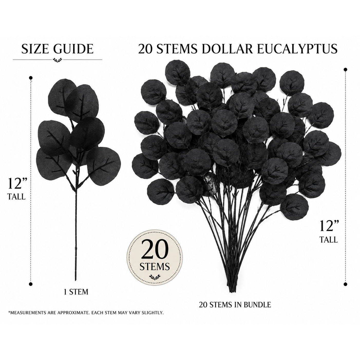 Black dollar eucalyptus artificial stems shown with size guide annotations, including a single stem at 12 inches tall and a bundle of 20 stems in a 12-inch height, on a white background.