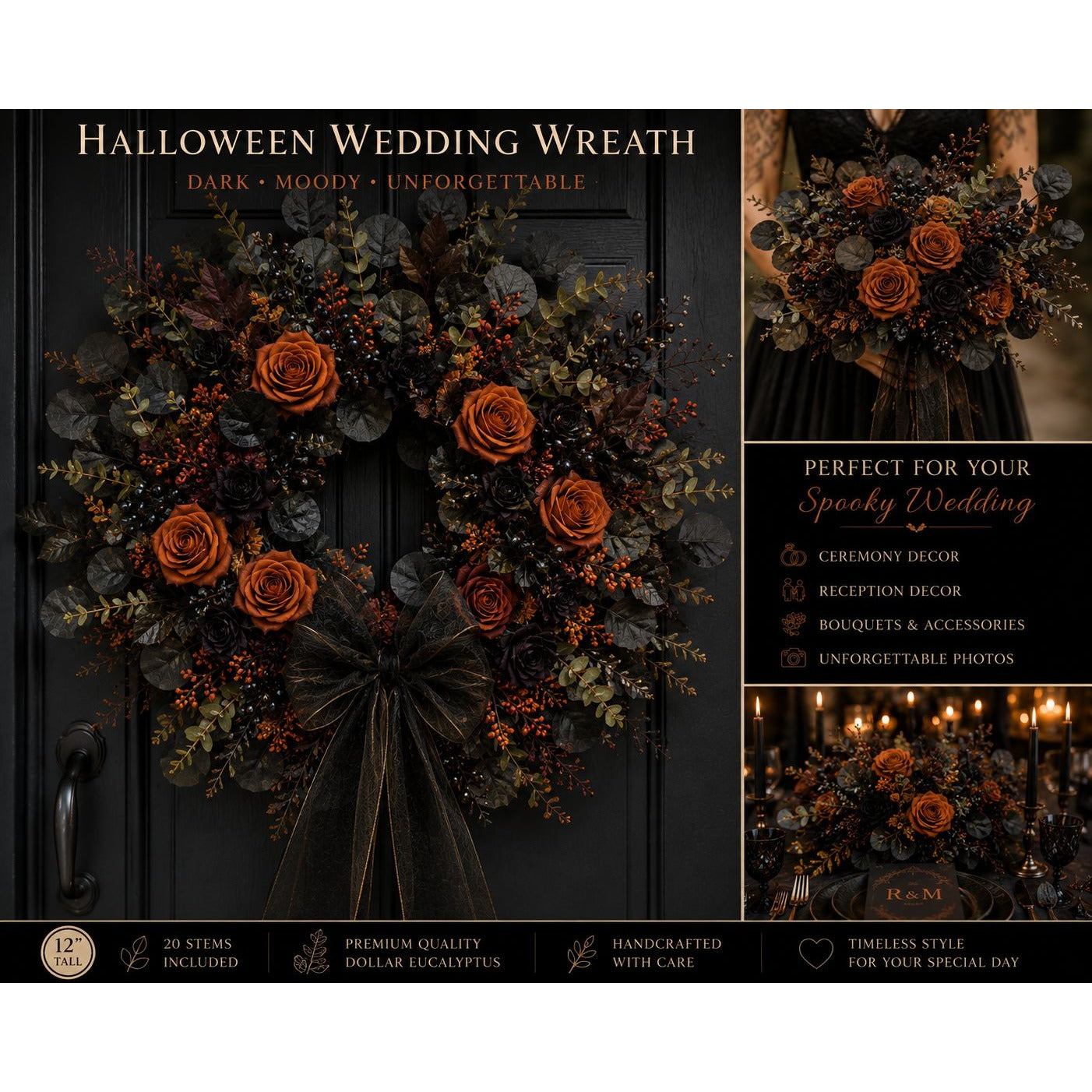 Halloween wedding wreath floral arrangement set shown on a dark door, with product text panels reading 'Halloween Wedding Wreath' and 'Perfect for your Spooky Wedding.' The wreath features dark foliage, muted green leaves, orange-brown roses, small berries, and a large dark ribbon bow.