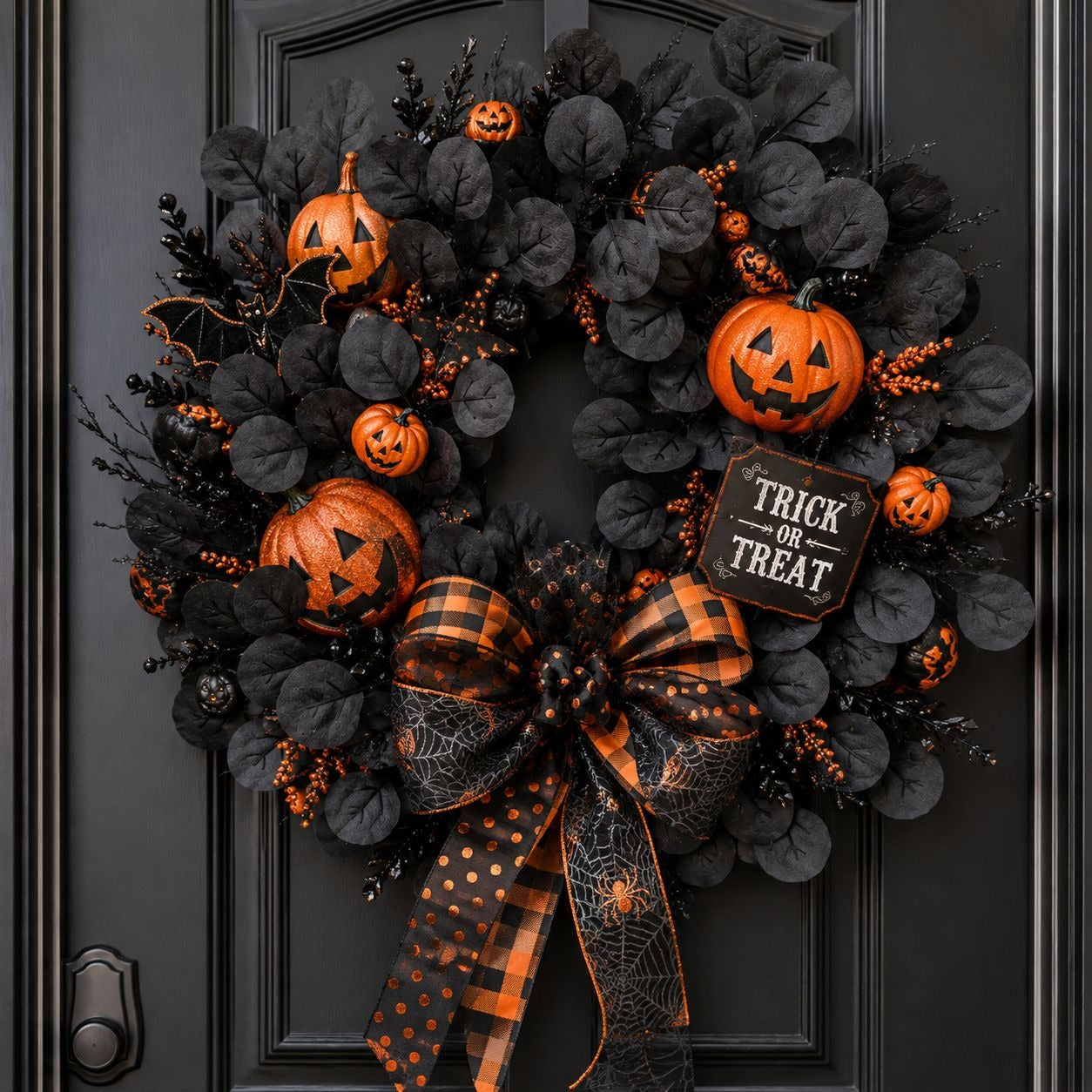 A large black and orange Halloween wreath hanging on a dark charcoal door. The wreath is decorated with black faux leaves, carved jack-o'-lantern pumpkins, small orange berries, spiderweb accents, and a large black-and-orange plaid bow with a spiderweb pattern.