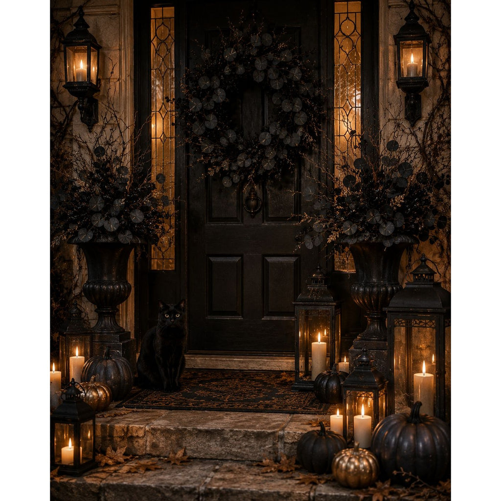 A dark, moody front porch with a black door, black lanterns, candles, pumpkins, and a black cat sitting on the steps. The scene is dimly lit with warm candlelight and amber-toned stained-glass panels on either side.