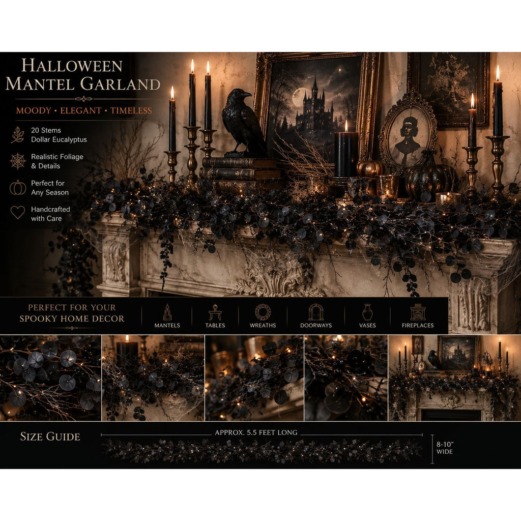 Halloween mantel garland product graphic showing a dark, moody decorated mantel with black garlands, candles, framed art, a raven, and text including 'Halloween Mantel Garland' and a size guide.
