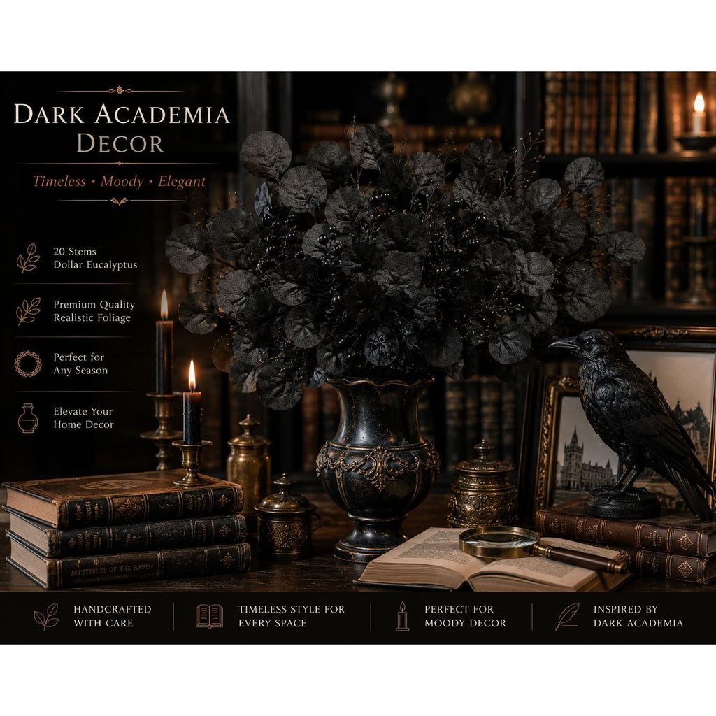Dark gothic-style decorative arrangement featuring a large black artificial foliage bouquet in an ornate dark vase, styled with candles, old books, a raven figurine, and framed artwork on a dark bookshelf background. Text on the left reads 'Dark Academia Decor' with feature callouts.