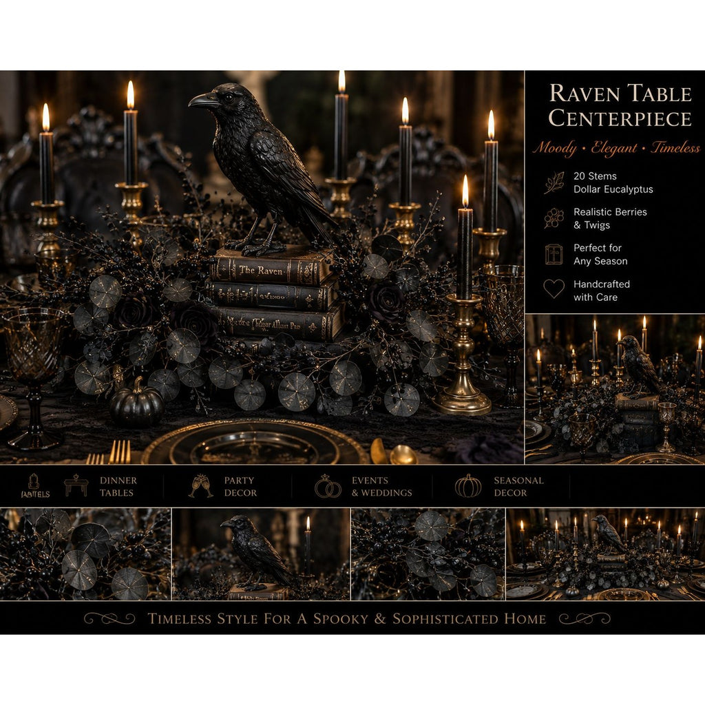 Gothic black table centerpiece featuring a black raven figurine perched on stacked books, surrounded by lit taper candles in brass holders, dark berries, pinecones, and silver-gray decorative spheres on a black tablecloth. The image includes a product title panel reading 'Raven Table Centerpiece' with feature callouts and small lifestyle inset photos showing the decor in use.
