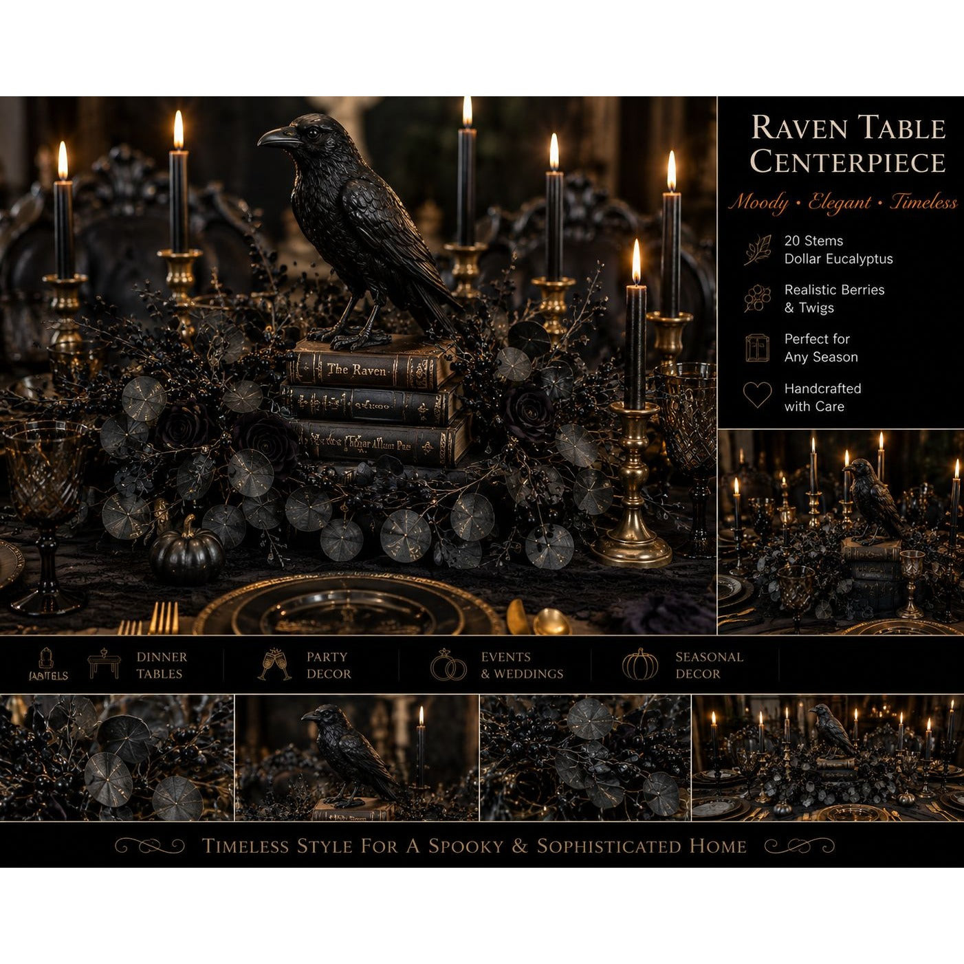 Gothic black table centerpiece featuring a black raven figurine perched on stacked books, surrounded by lit taper candles in brass holders, dark berries, pinecones, and silver-gray decorative spheres on a black tablecloth. The image includes a product title panel reading 'Raven Table Centerpiece' with feature callouts and small lifestyle inset photos showing the decor in use.