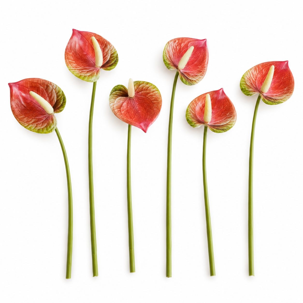Pink Cream Green Artificial Anthurium Stems Set of 6, 11 Inch Faux Tropical Flowers, Real-Touch Finish, Wired Stems