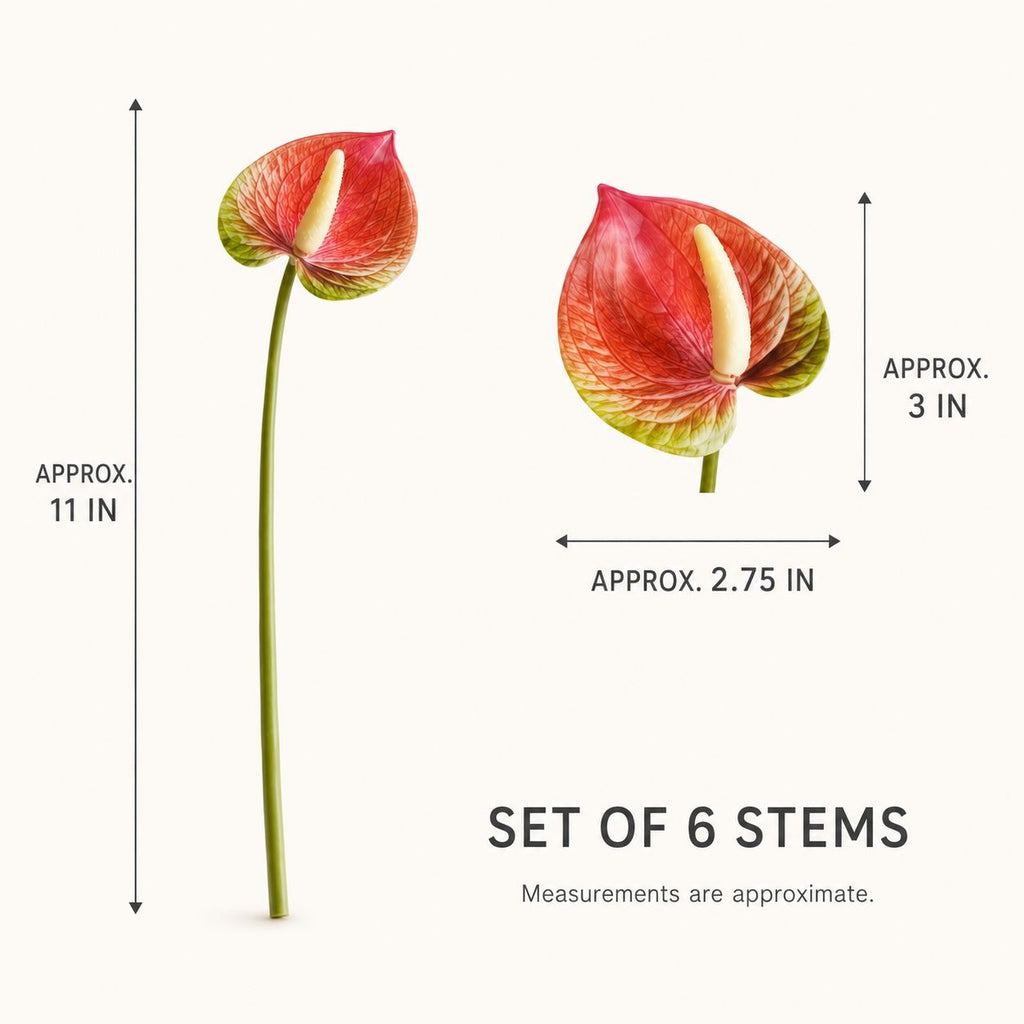 Pink Cream Green Artificial Anthurium Stems Set of 6, 11 Inch Faux Tropical Flowers, Real-Touch Finish, Wired Stems