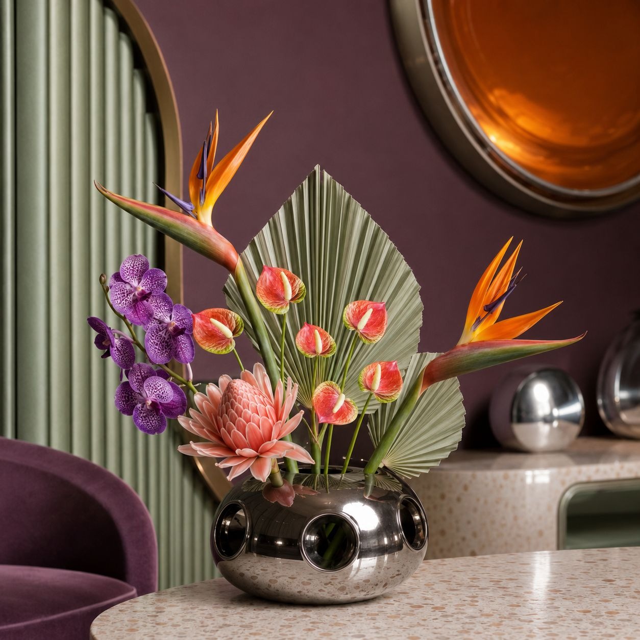 Pink Cream Green Artificial Anthurium Stems Set of 6, 11 Inch Faux Tropical Flowers, Real-Touch Finish, Wired Stems