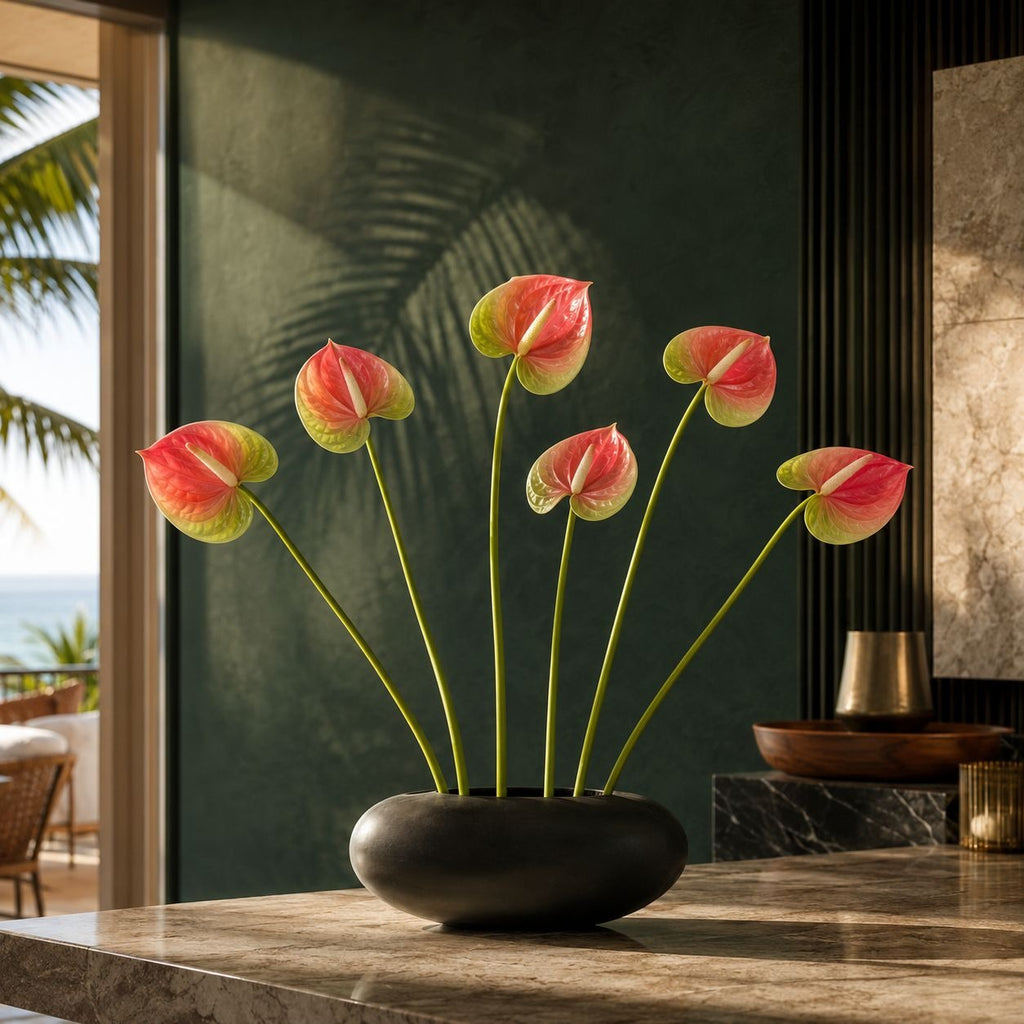 Pink Cream Green Artificial Anthurium Stems Set of 6, 11 Inch Faux Tropical Flowers, Real-Touch Finish, Wired Stems