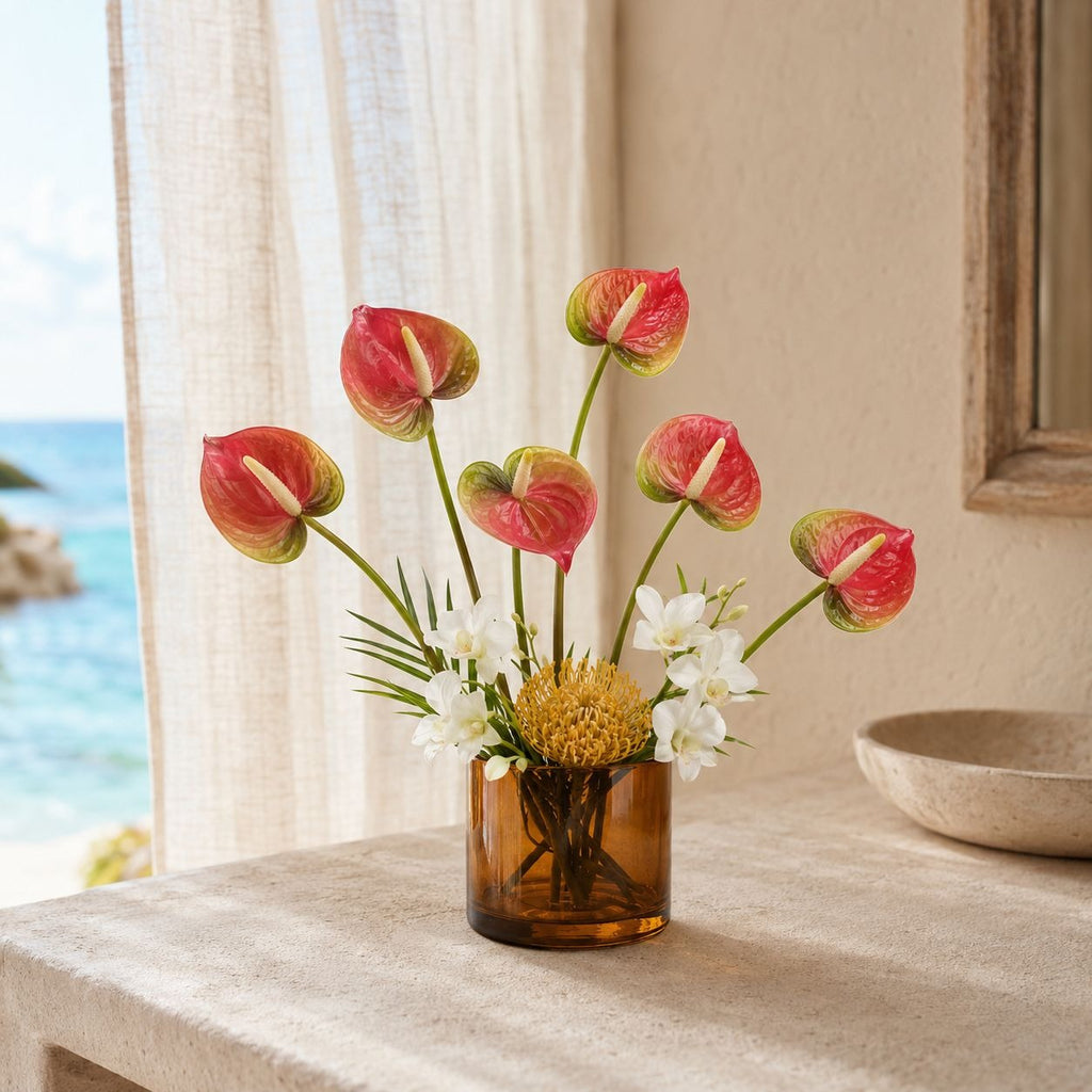 Pink Cream Green Artificial Anthurium Stems Set of 6, 11 Inch Faux Tropical Flowers, Real-Touch Finish, Wired Stems