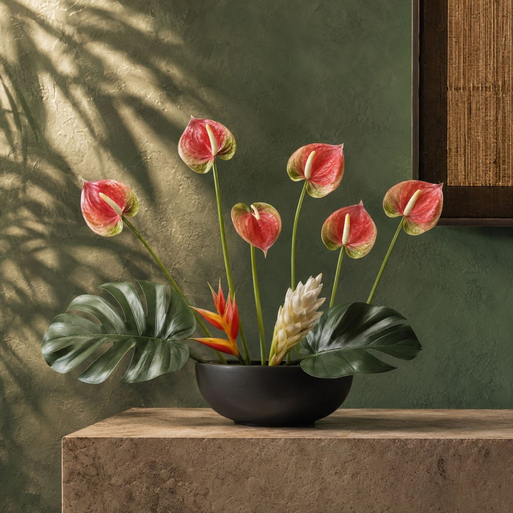 Pink Cream Green Artificial Anthurium Stems Set of 6, 11 Inch Faux Tropical Flowers, Real-Touch Finish, Wired Stems