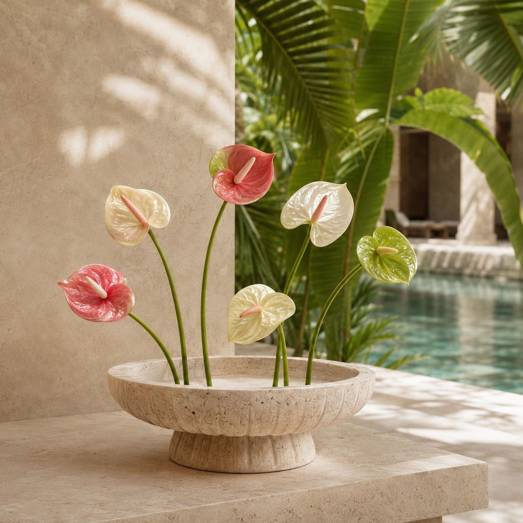 Pink Cream Green Artificial Anthurium Stems Set of 6, 11 Inch Faux Tropical Flowers, Real-Touch Finish, Wired Stems