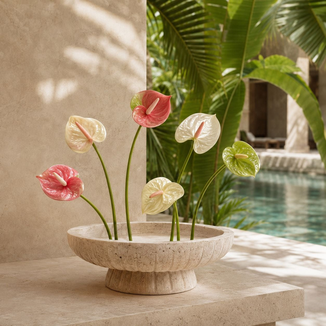 Pink Cream Green Artificial Anthurium Stems Set of 6, 11 Inch Faux Tropical Flowers, Real-Touch Finish, Wired Stems