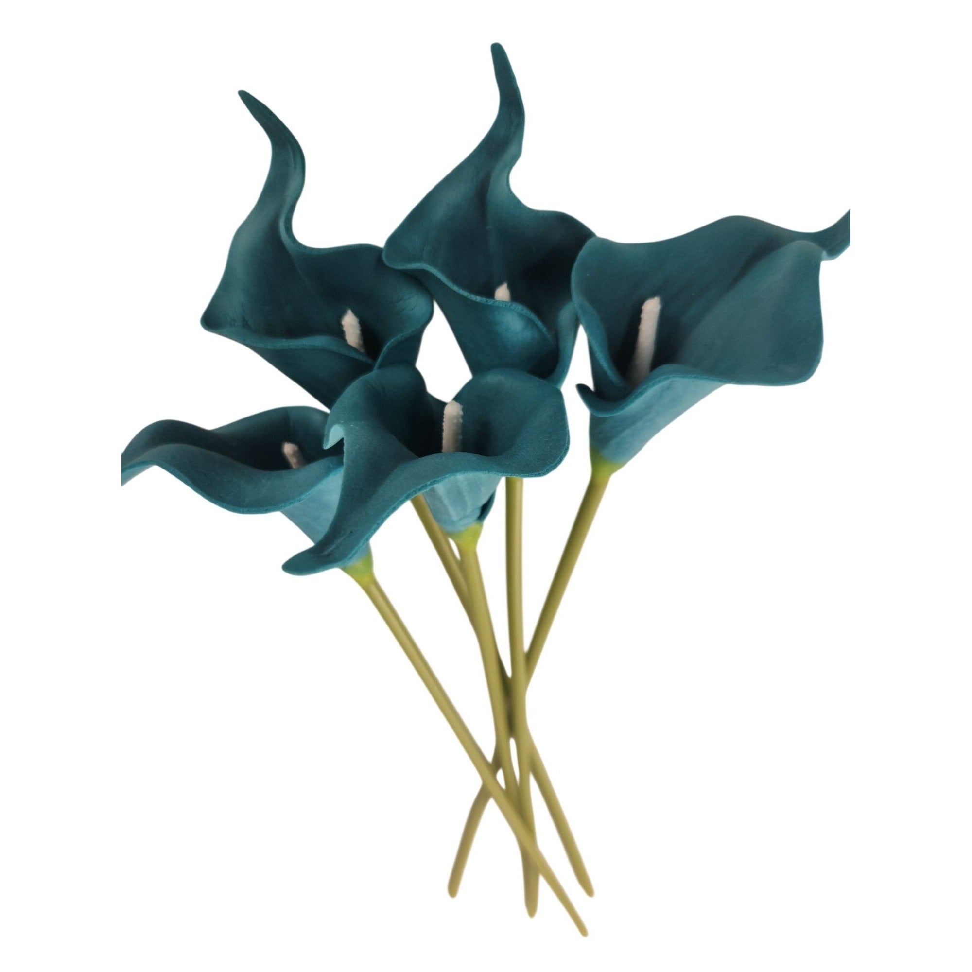 Teal Calla Lily Stems Faux Floral Bouquet Peacock Blue Flowers 5 Stem Bunch Modern Coastal Decor Vase Arrangement