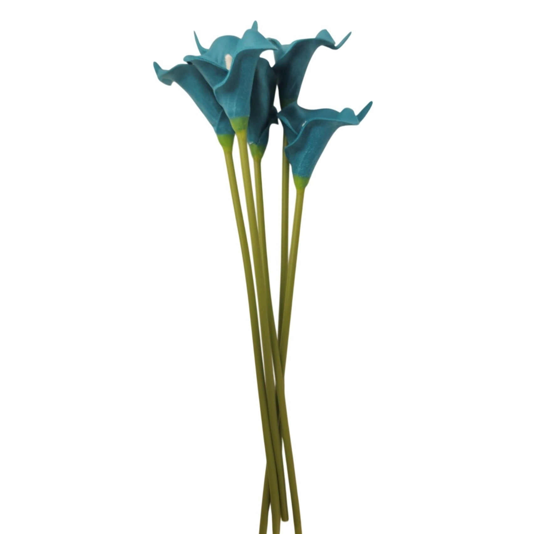 Teal Calla Lily Stems Faux Floral Bouquet Peacock Blue Flowers 5 Stem Bunch Modern Coastal Decor Vase Arrangement