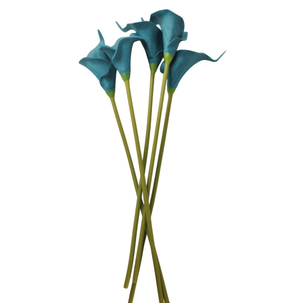 Teal Calla Lily Stems Faux Floral Bouquet Peacock Blue Flowers 5 Stem Bunch Modern Coastal Decor Vase Arrangement