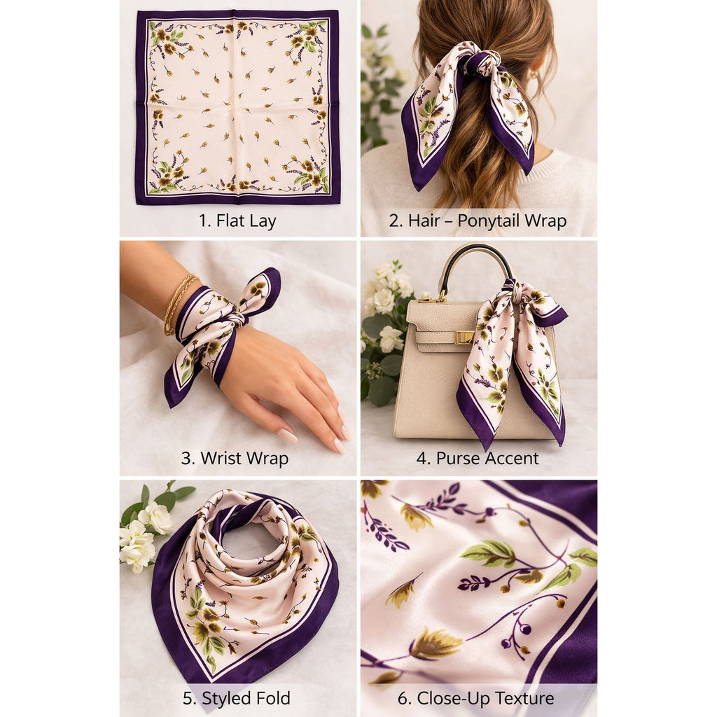 Blush Pink & Eggplant Purple Floral Satin Scarf 20x20 Hair Tie Neck Wrap